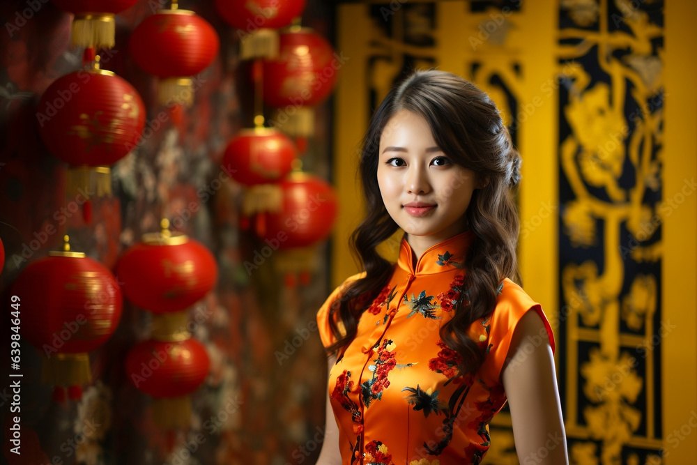 Chinese girl wearing Chinese New Year cheongsam costume with Chinese New Year background. Chinese girl wearing Chinese New Year cheongsam costume with Chinese New Year background.