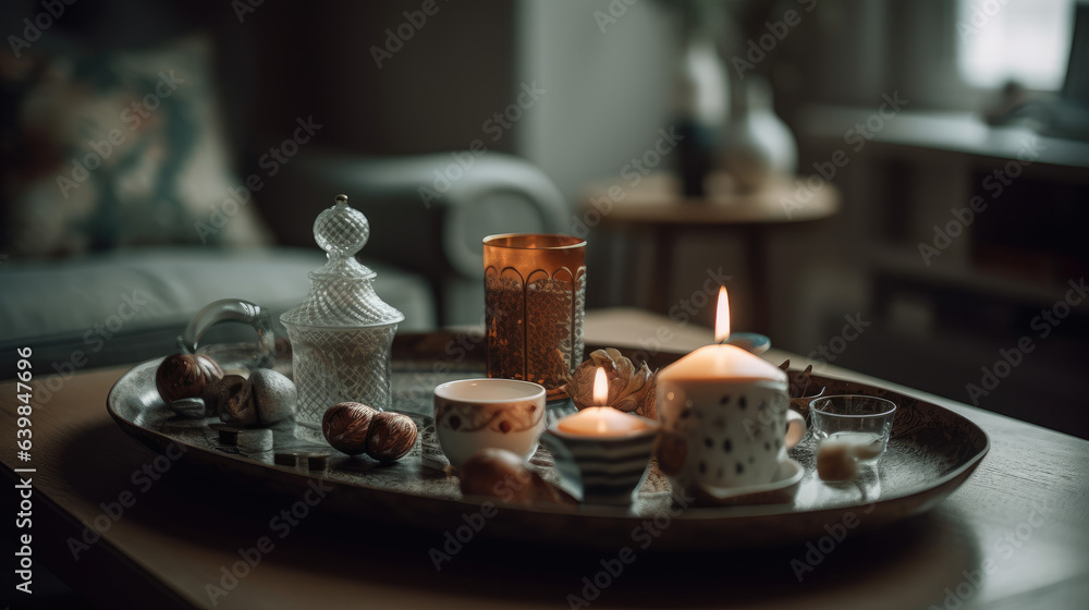 Naklejka premium Details of a still life in a home's living room. a serving platter with a cup of tea and candles. Read and take a nap. cosy house.