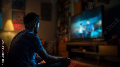 Men sitting in front of his TV at night, over the shoulder point of view, dim light and blurred background. Concept of binging and streaming. Shallow field of view.