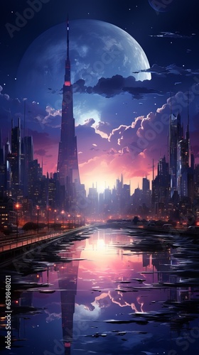 Vibrant Cyber City Nightscape. Futuristic Skyscrapers in Neon Glow.