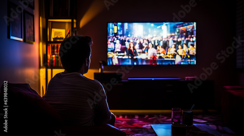 Men sitting in front of his TV at night, over the shoulder point of view, dim light and blurred background. Concept of binging and streaming. Shallow field of view. photo