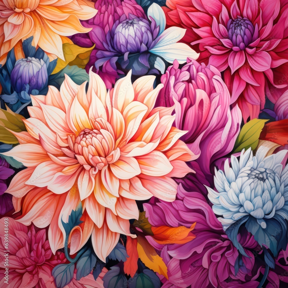 A vibrant watercolor botanical illustration of a bouquet of dahlias, showcasing their bold colors and intricate petals A vibrant watercolor botanical illustration of a bouquet of dahlias, showcasing their bold colors and intricate petals