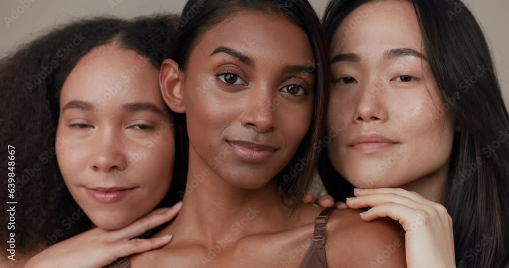 Face, beauty and portrait of women friends in studio for diversity, inclusion or wellness. Model people on neutral background for different skin, facial care and dermatology glow or natural cosmetics Face, beauty and portrait of women friends in studio for diversity, inclusion or wellness. Model people on neutral background for different skin, facial care and dermatology glow or natural cosmetics