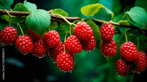 Red sweet berries growing on raspberry bush in fruit garden in the morning