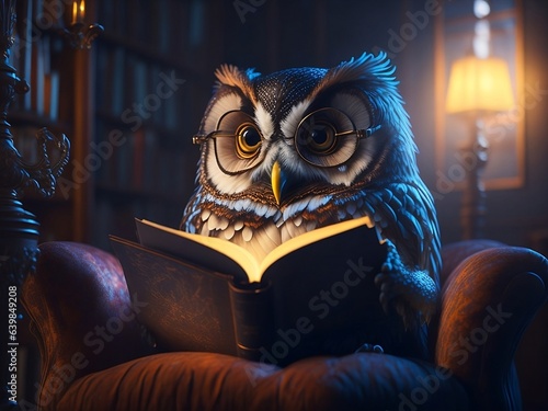 Owl with a book sits in an old armchair in a library