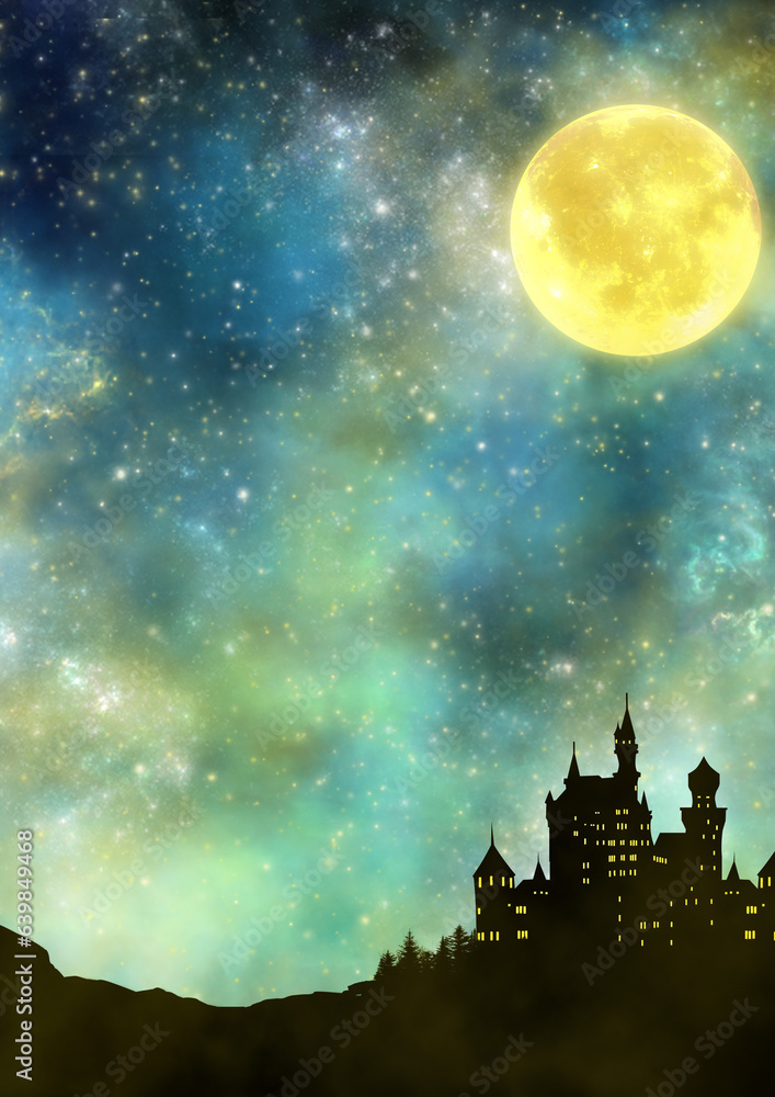 Naklejka premium 星空に輝くお月様とお城の風景