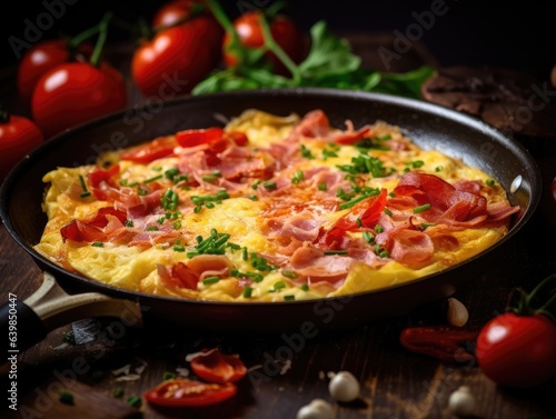 Omelette with onions, tomatoes and ham in a frying pan, close-up shot