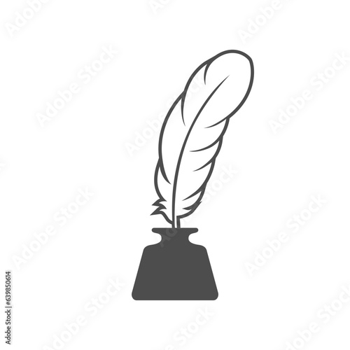 Inkwell and feather graphic icon. Ink feather in the inkwell sign isolated on white background. Vintage symbol. Vector illustration