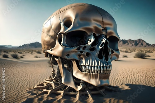 Skeleton of human head in desert 