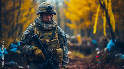 Ukrainian warrior  in autumn forest , military position,  holding gun in hands, wearing military ammunition. photo