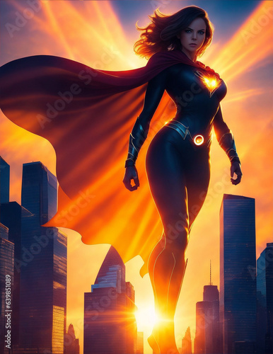 female super hero flying in metropolis city, super woman portrait generative ai photo