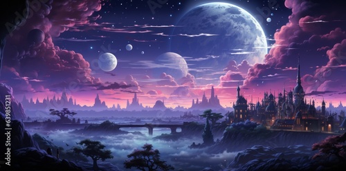 Enigmatic Cartoon Cityscape at Night with Moon and Neon Lights.