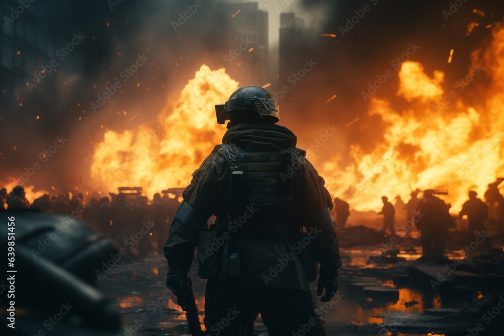 An army man with helmet in front of several flames. Cinematic atmosphere. Inferno's March