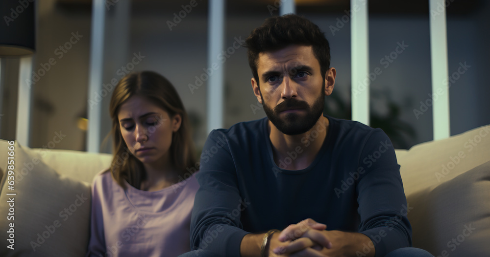 A couple seated on a sofa, displaying a sorrowful or dejected expression. This portrayal embodies the concept of couples therapy and the challenges faced within relationships. Shallow field of view. - obrazy, fototapety, plakaty 