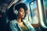 Girl sitting on a bus or train wearing headphones, listing to a pod cast, music or perhaps an audio book. Shallow field of view