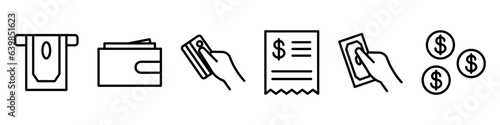 Vector icon set of payment methods. Editable stroke. Collection of line business icons related to payment. Finance and money concept. Cash, bank check or credit cards. Coins or paper money.