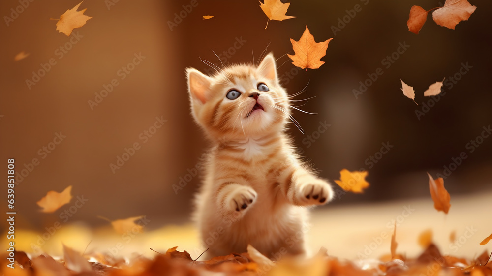 Little red kitten playing with fall leaves - obrazy, fototapety, plakaty 