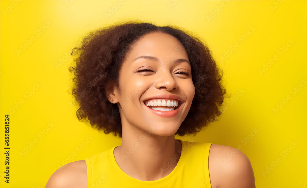 portrait of a smiling black woman with curly short hair, in yellow background portrait of a smiling black woman with curly short hair, in yellow background