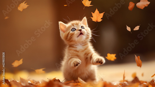 Little red kitten playing with fall leaves photo