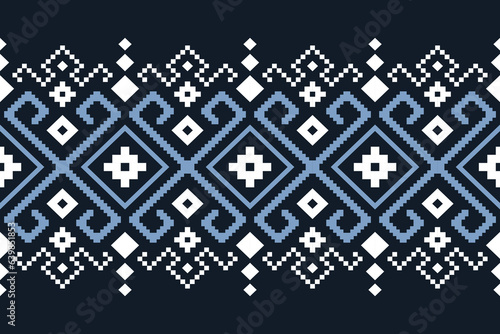 Indigo navy blue geometric traditional ethnic pattern Ikat seamless pattern border abstract design for fabric print cloth dress carpet curtains and sarong Aztec African Indian Indonesian 