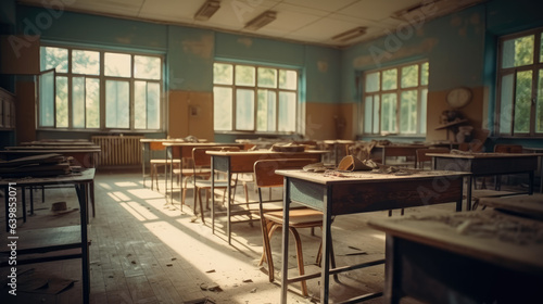 Empty Classroom. Back to school concept in high school. Classroom Interior Vintage Wooden Lecture Wooden Chairs and Desks. Studying lessons in secondary education. © Matthew