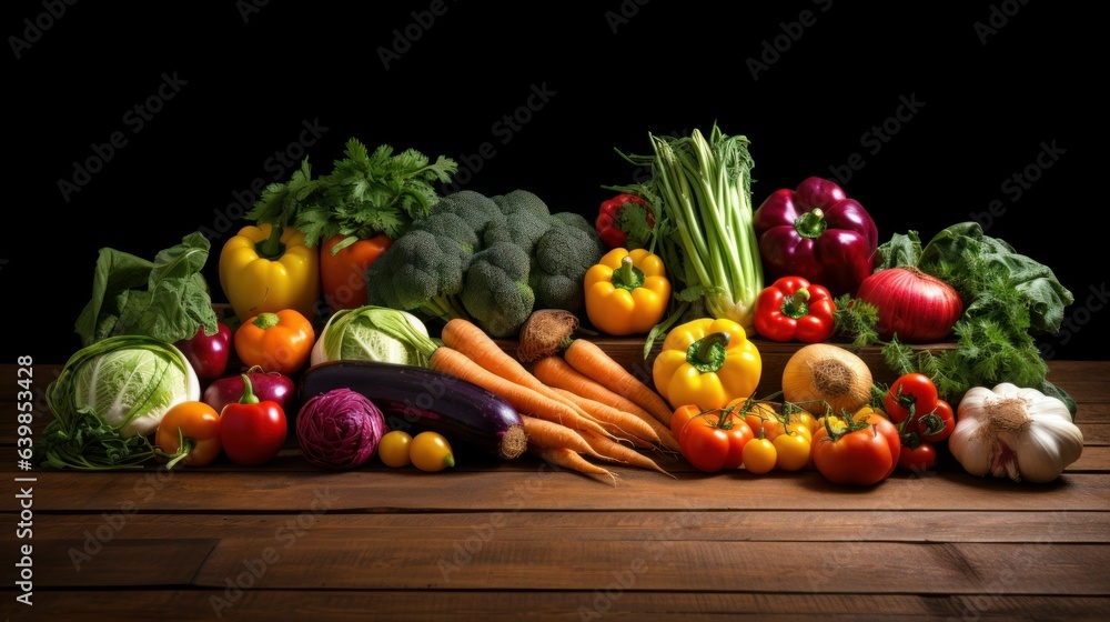 A symmetrical arrangement of vibrant vegetables on a rustic wooden table | generative ai