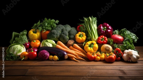 A symmetrical arrangement of vibrant vegetables on a rustic wooden table | generative ai