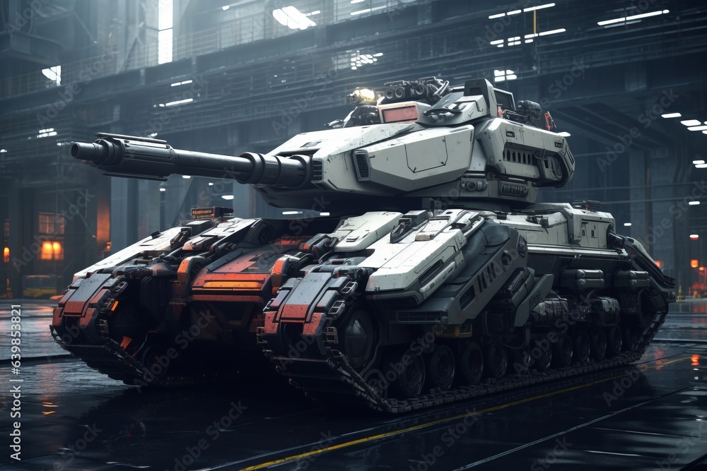 A futuristic tank sitting in an urban city