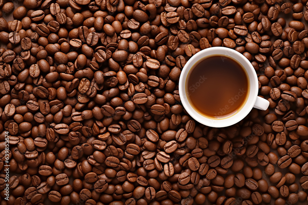 White mug of coffee on coffee beans. Generative AI White mug of coffee on coffee beans. Generative AI