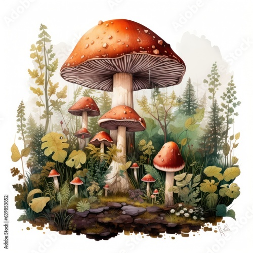 A whimsical watercolor botanical illustration of a mushroom patch, showcasing their diverse shapes and earthy colors photo