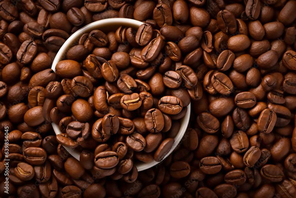 Obraz premium White cup with coffee beans on the background of coffee beans. Generative AI