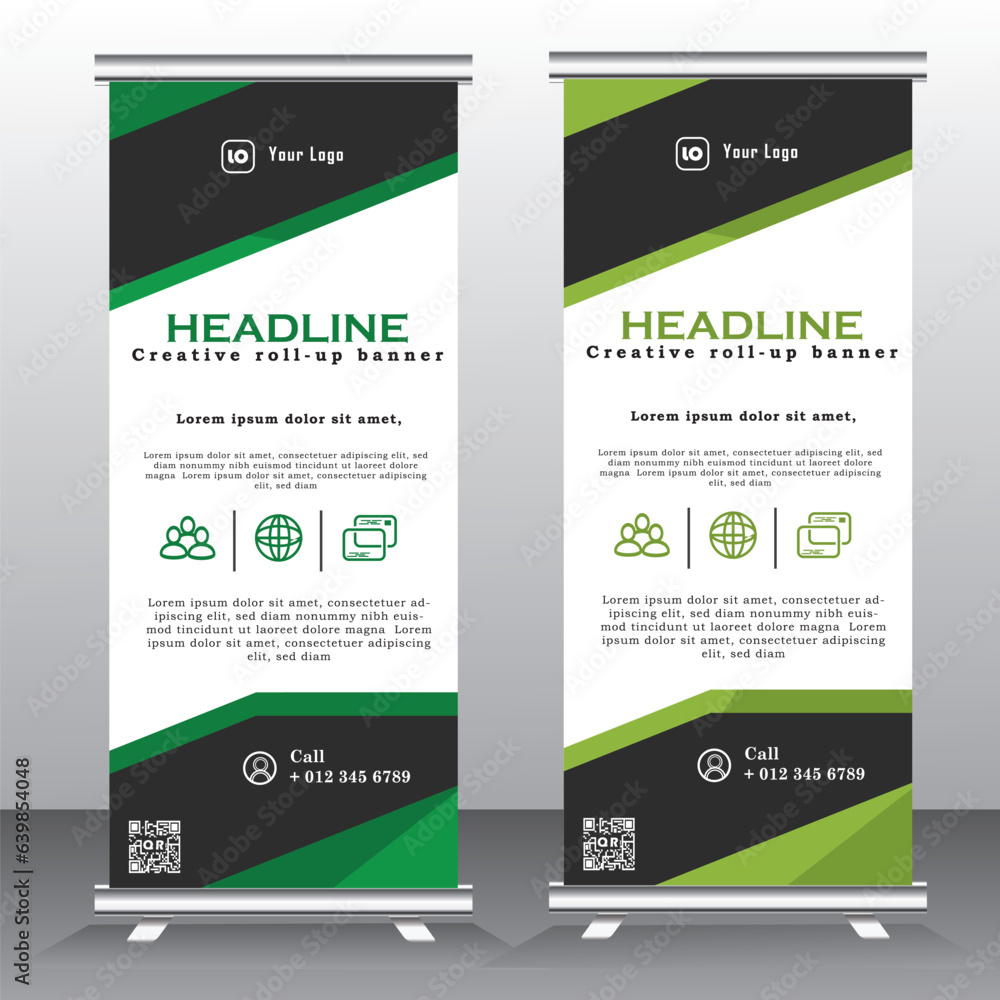 Roll-up banner, stand vector.Graphic template for posting photos and text decoration of exhibitions, conferences, seminars, advertising, business concept. - green and black color