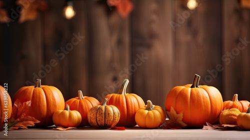 Festive autumn decor from pumpkins  leaves and lights on background 