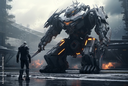 A massive robot and a man facing each other. Cybernetic Clash