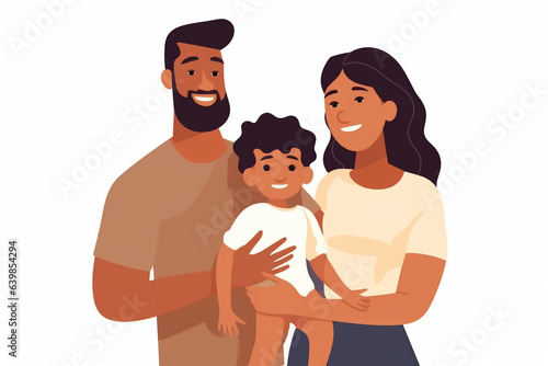 Happy Family Relations. Loving Couple Embrace, Parents and Child Hugging. Mother and Father Characters Hold Baby on Shoulders Hug and Express Love and Tenderness. 