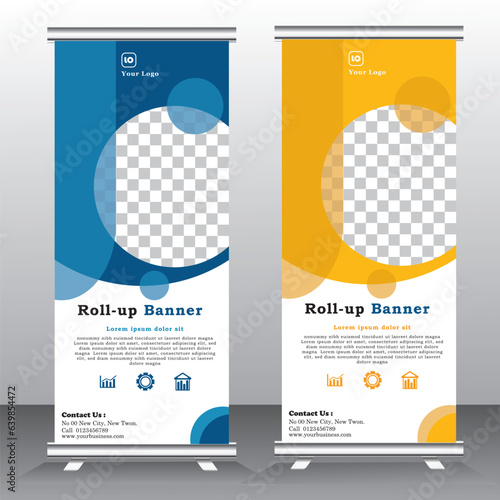 New Roll up banner vertical template design, business, x-banner and standee banner advertising. vector illustration blue and yellow roll up banners - vector template, pull up, vertical banner, welcome