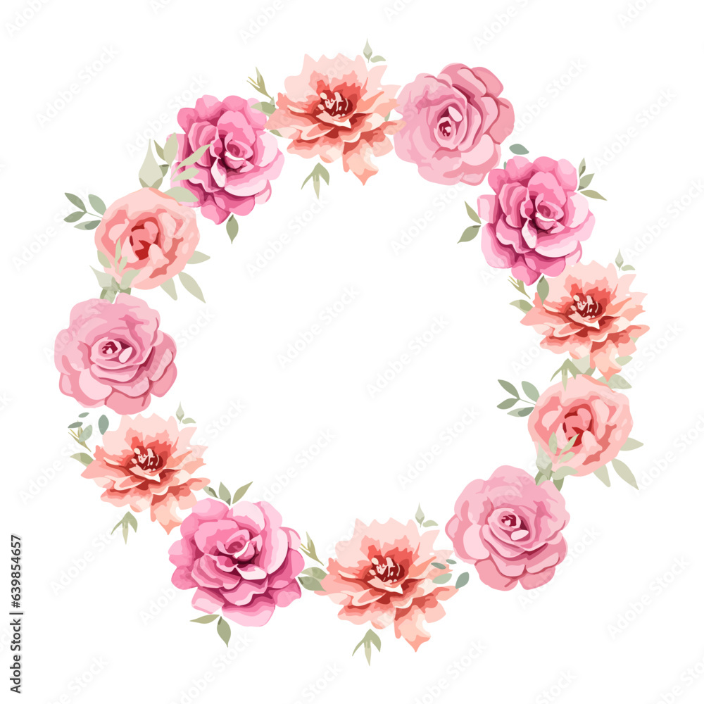 Circle roses frame, wreath flowers template isolated on white Circle roses frame, wreath flowers template isolated on white