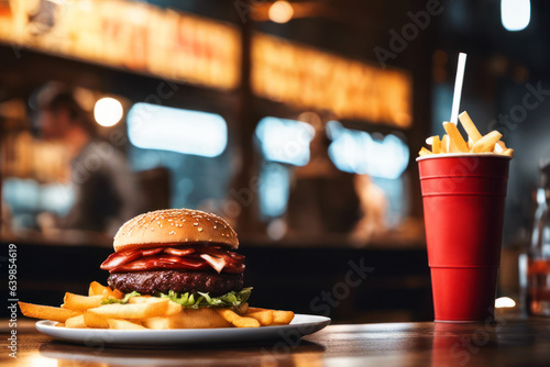 Burger with meat, cheese and vegetables. Blurred background, bokeh. Generative AI photo