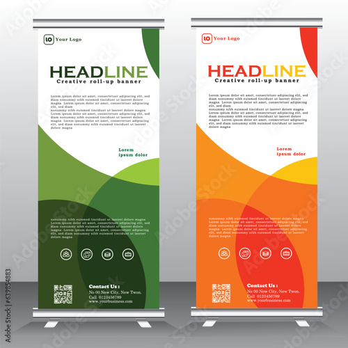 Roll up brochure flyer banner design template vector, abstract background, modern x-banner,  modern pull up, green, yellow and orange.