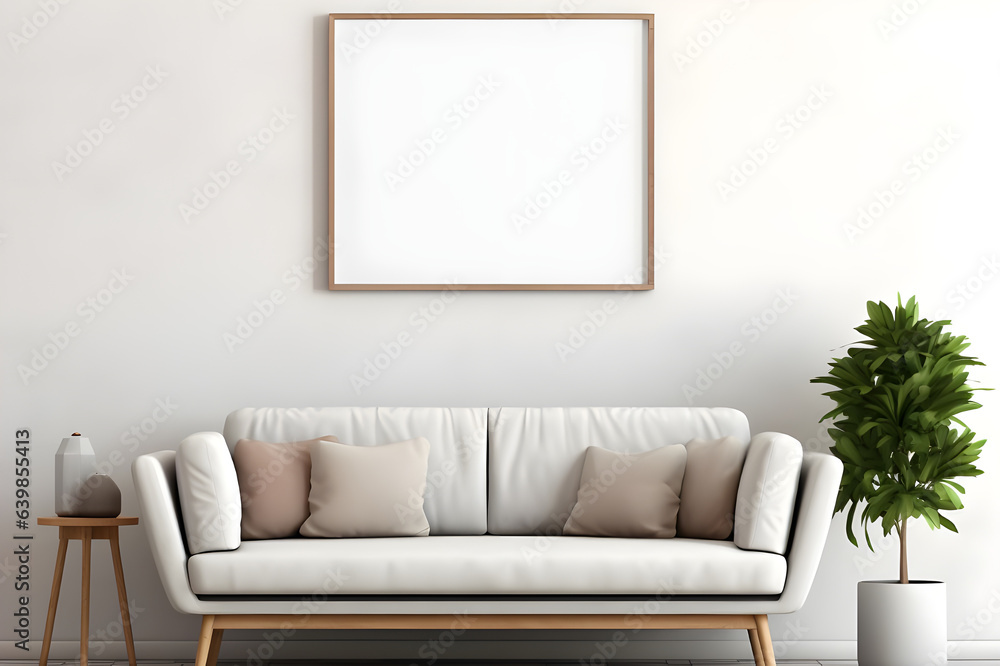 Blank horizontal poster frame mock up in Scandinavian style living room interior, modern living room interior background, beige sofa and pampas grass generated by AI. Blank horizontal poster frame mock up in Scandinavian style living room interior, modern living room interior background, beige sofa and pampas grass generated by AI.