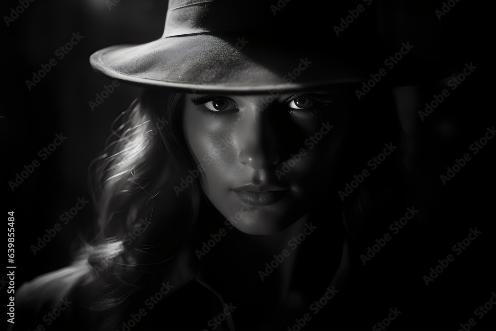 classic noir detective woman wearing fedora hat and trench coat in black and white film classic noir detective woman wearing fedora hat and trench coat in black and white film