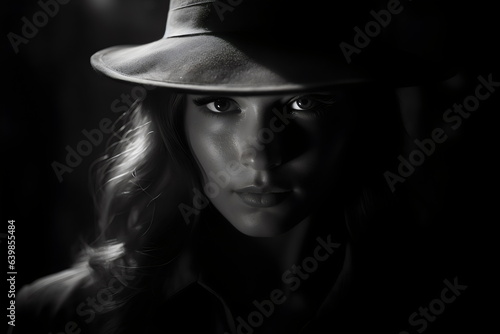 classic noir detective woman wearing fedora hat and trench coat in black and white film 