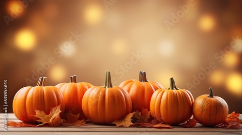 Festive autumn decor from pumpkins and leaves on blurry lights on background 