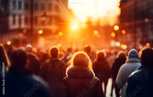 Blurred crowd of unrecognizable at the street generated by AI. © Rattanapon