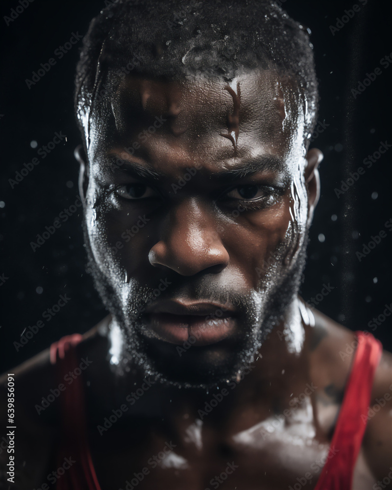 Close-up of a Sweaty Black Athlete, Boxer, Looking Serious and Handsome Close-up of a Sweaty Black Athlete, Boxer, Looking Serious and Handsome