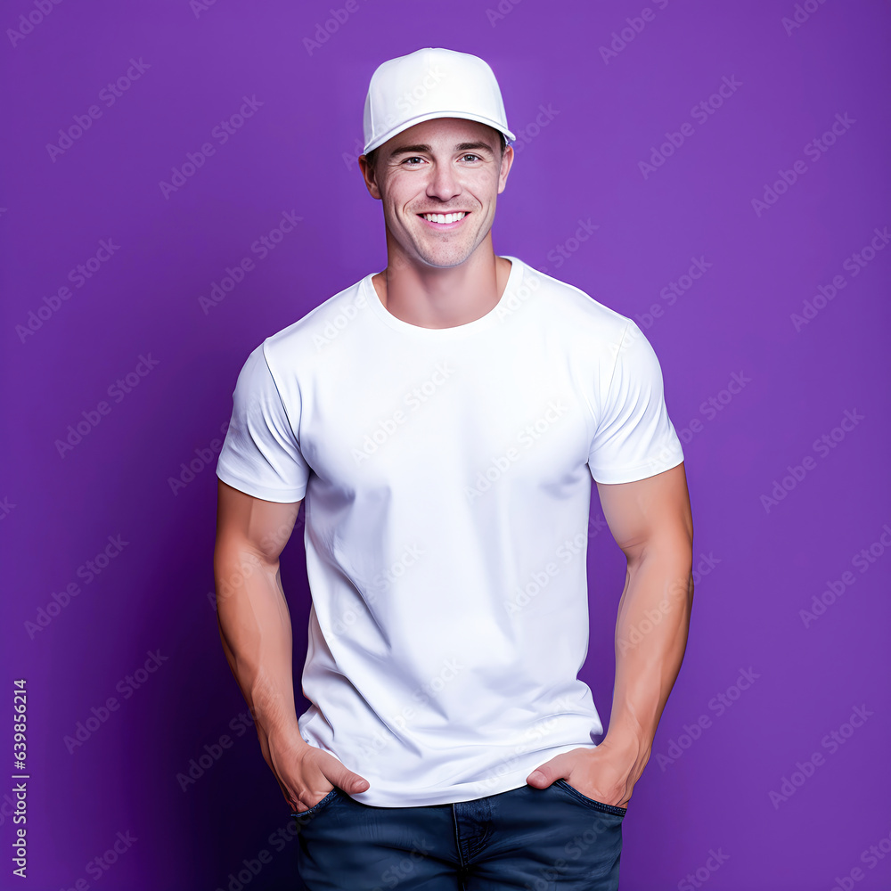 a man wearing a white hat and a white shirt isolated in purple background a man wearing a white hat and a white shirt isolated in purple background