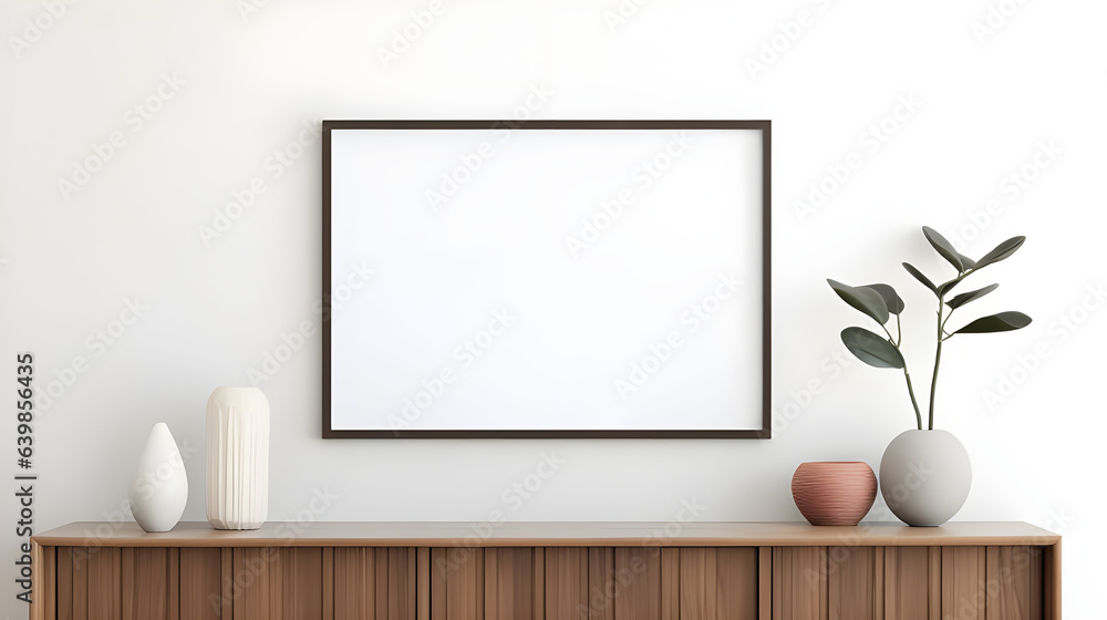 Blank picture frame mockup on a wall. Horizontal orientation. Artwork template in interior design generated by AI. - obrazy, fototapety, plakaty 