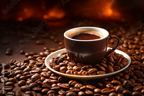 Mug of coffee and coffee beans on wooden background. Generative AI