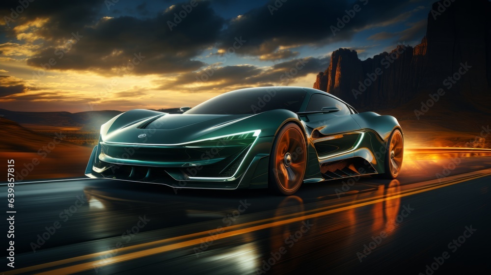 Naklejka premium Luxurious Electric Car in Hyper-Realistic Sci-Fi Style. Transport Poster.
