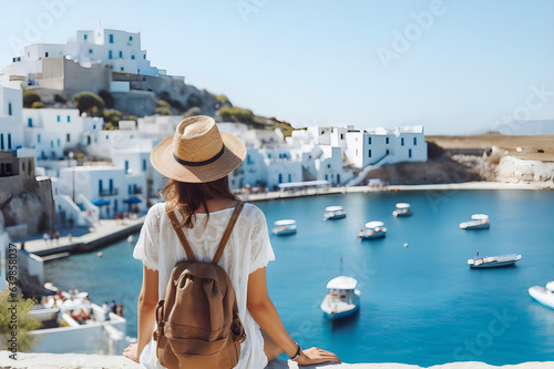 A beautiful tourist woman enjoys the view to the traditional on Santorini Island (Greece) generated by AI.